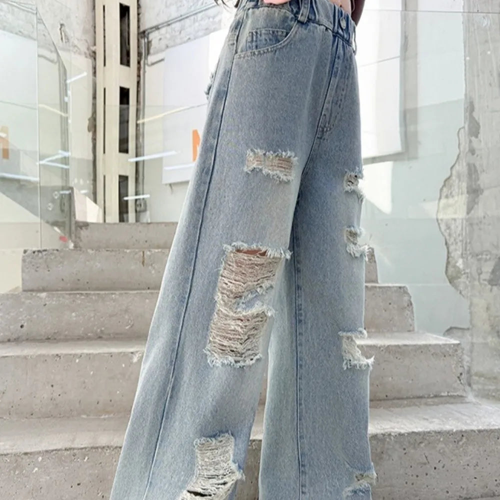Ripped Wide Children Jeans Straight Loose Leg Blue Teen Girl Jeans High Waist Streetwear Girls Denim Trousers Kids Children