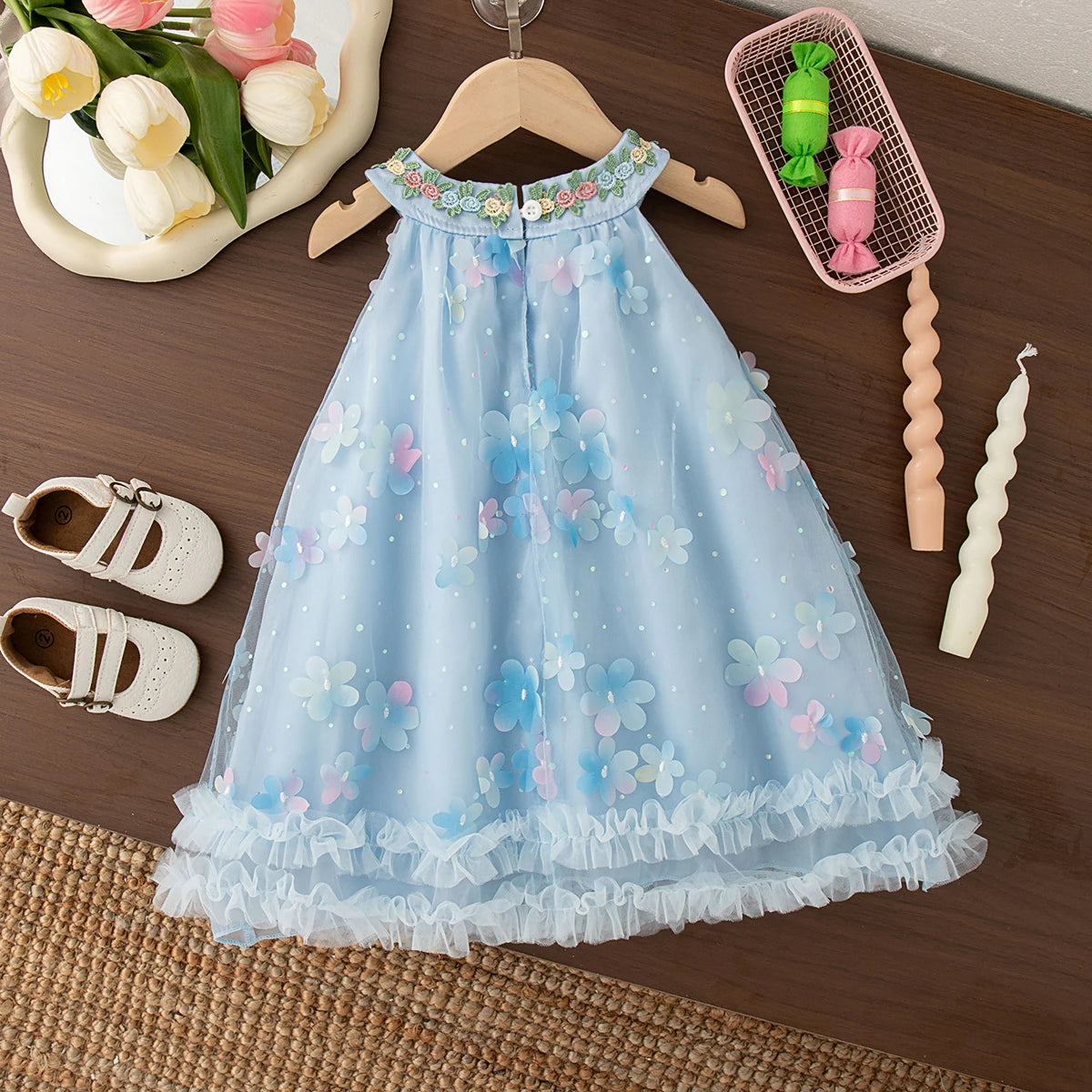 Girls' Dress Summer Floral Mesh Halter Neck Baby Girl Dress Cute Bow Baby Dress Baby Girl Clothes