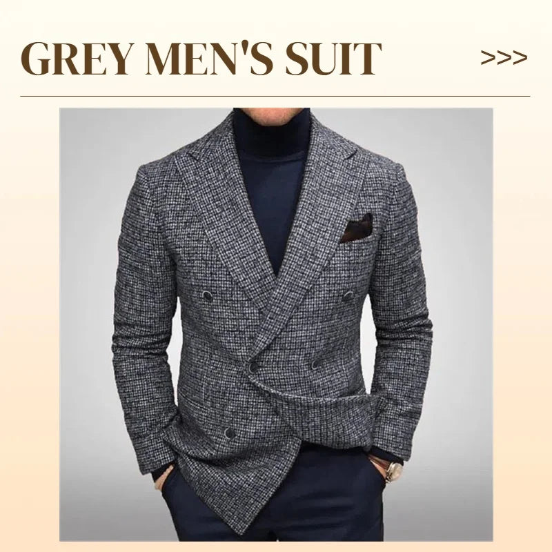 Men's Suit Jackets Double-Breasted Tweed Fabric Chest Bag Retro Gentleman Fashion Business Casual Formal Blazer Autumn Winter