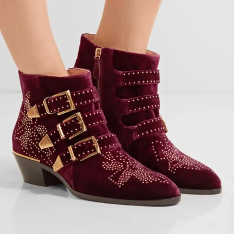 European and American Women's Metal Rivet Cowhide Material Thick Heel Plus Size Casual Belt Buckle Side Zipper Knight Boots