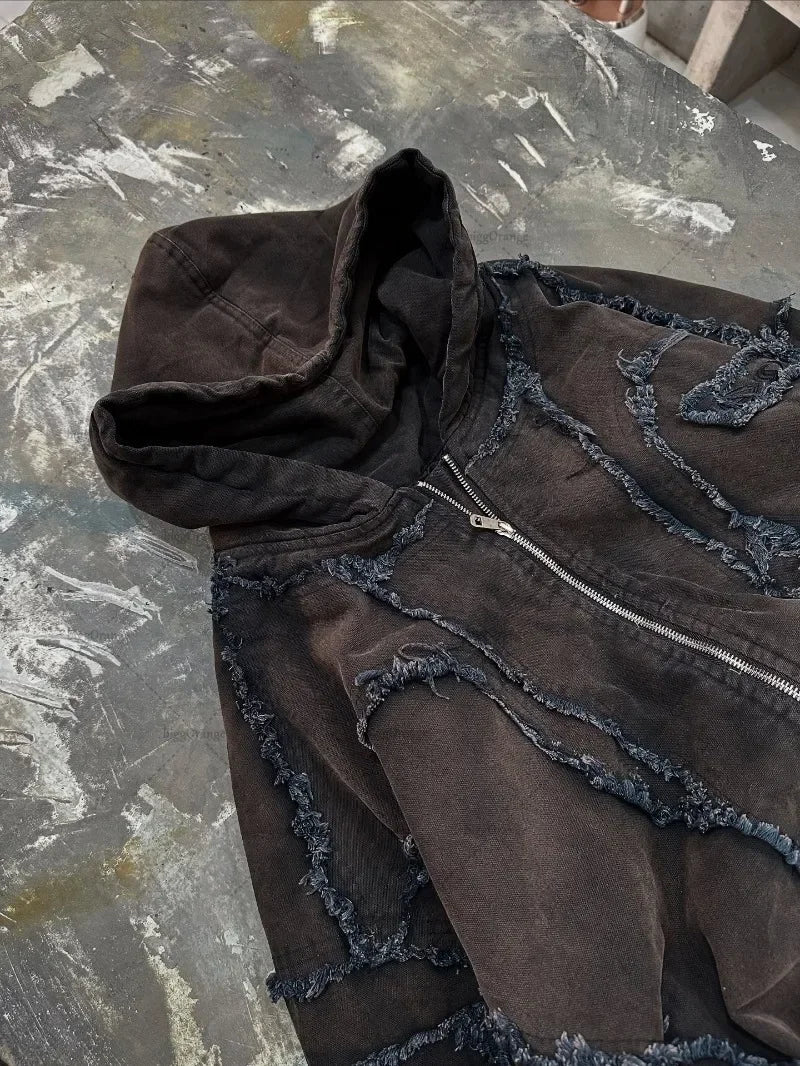 New Gothic Punk Dark Striped Patchwork Zipper Hoodie Men American Retro Loose Streetwear Hip-hop Casual Oversized Sweatshirt