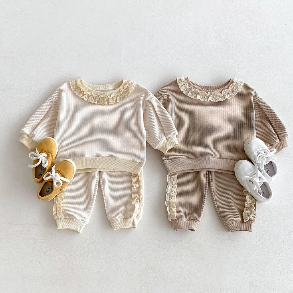 2025 Autumn Spring New in Sweet Lace Trimmed Stylish Sweatshirt + Pants Korean Kids Baby Girls' Casual Loose 2-Piece Set