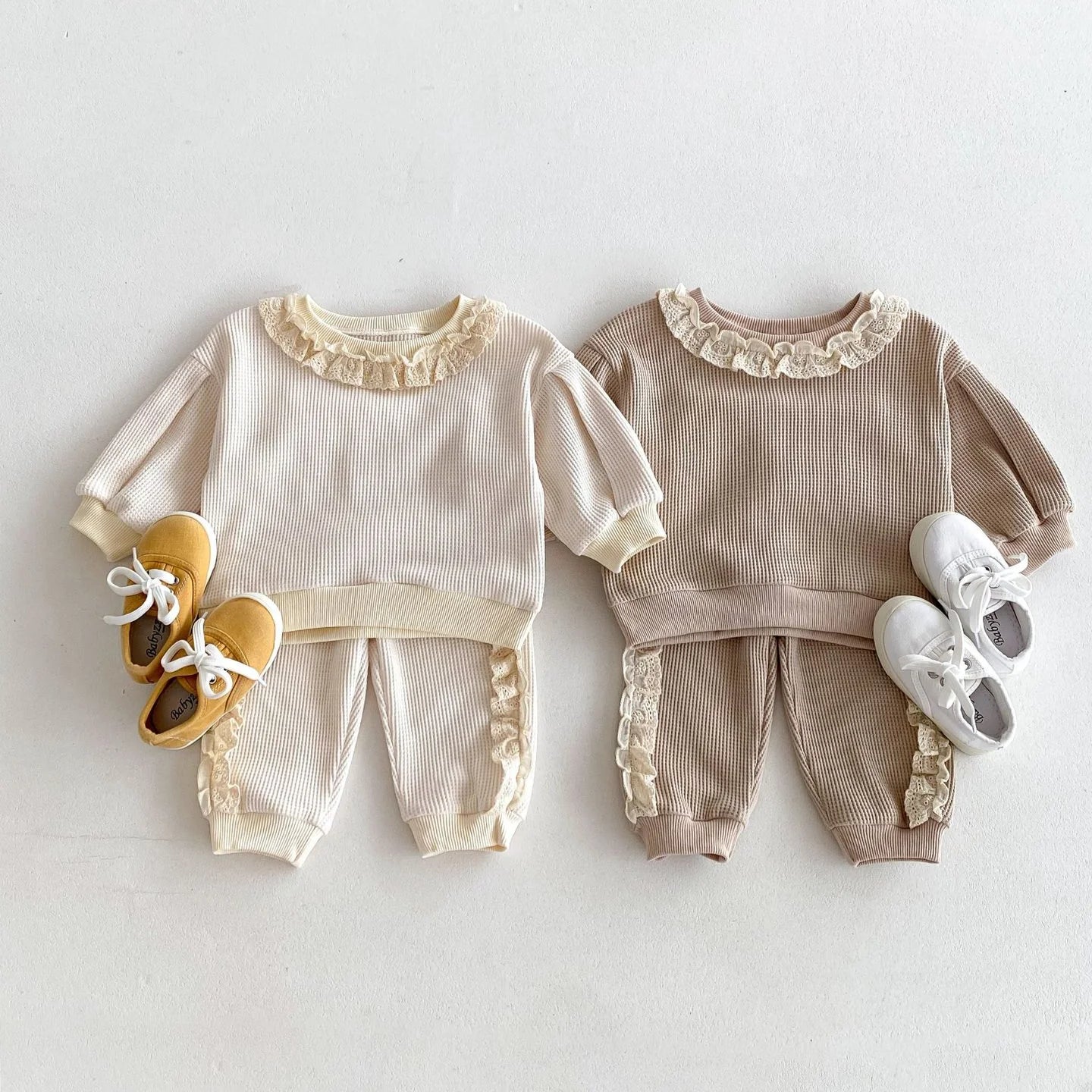 2025 Autumn Spring New in Sweet Lace Trimmed Stylish Sweatshirt + Pants Korean Kids Baby Girls' Casual Loose 2-Piece Set