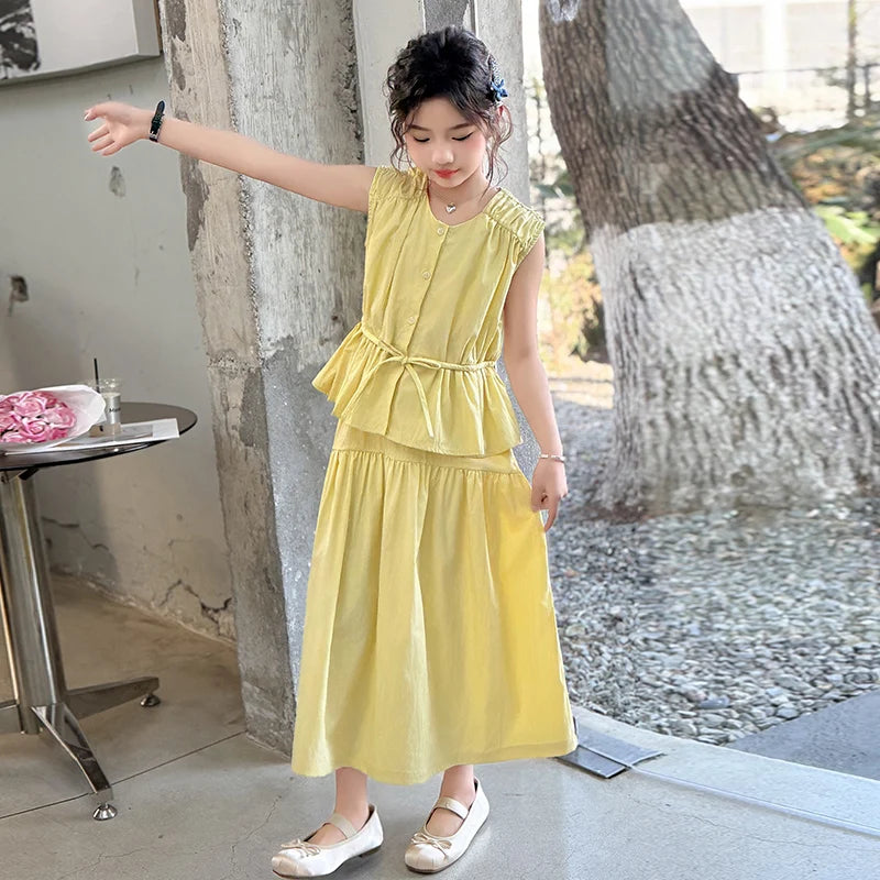 Children Clothing Sets for Girls Summer Teenages Kids Clothes 5-14 Year Girls Fashion Drawstring Sleeveless Top and Skirt Suit