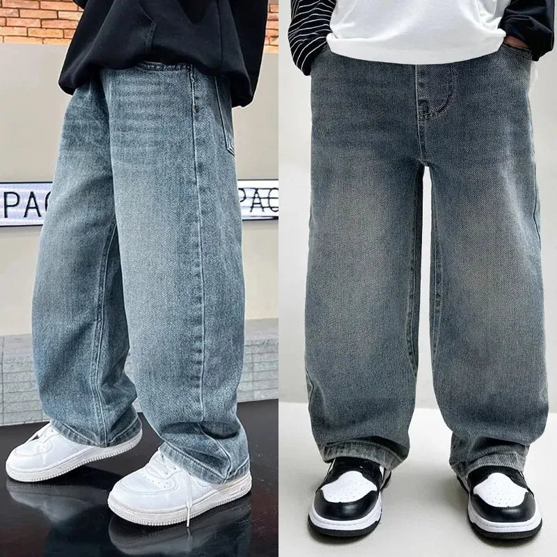 4-12Y Boy Jeans 2025 New Autumn Wide Straight Leg Denim Pant Versatile Stylish Children's Handsome Casual Cotton Sports Trousers