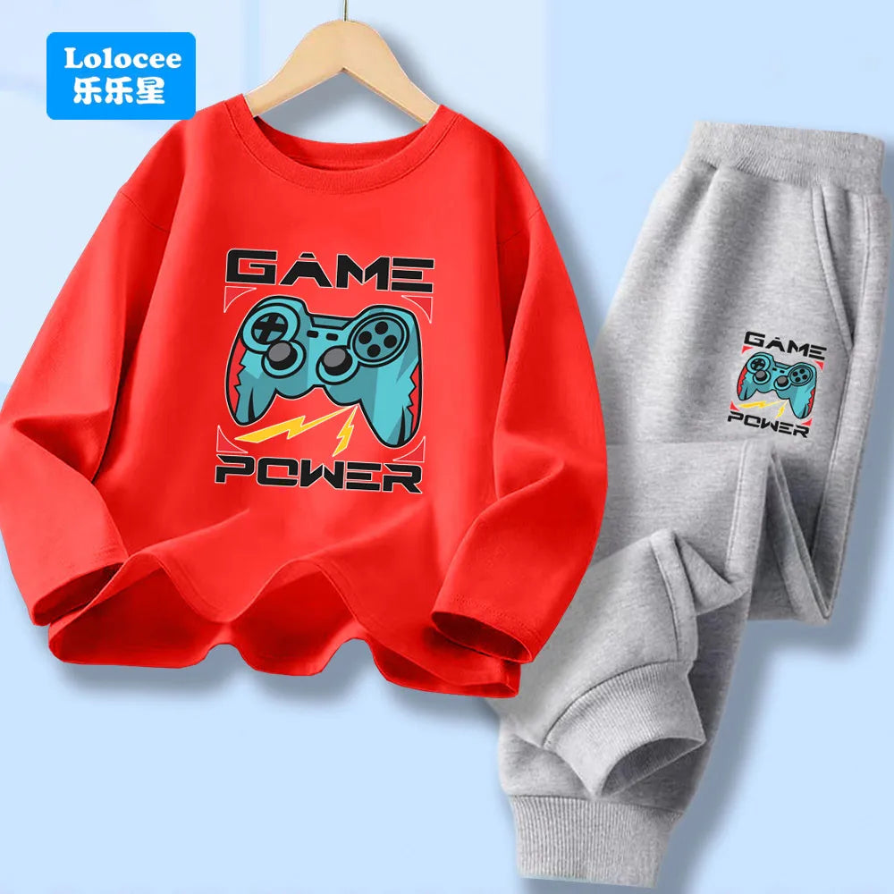 Kids Sport Outfit Teens Spring Autumn Long Sleeve T-shirt Top & Pants 2pcs Sets Boys' Gamepad Printed Tracksuit YXJ01