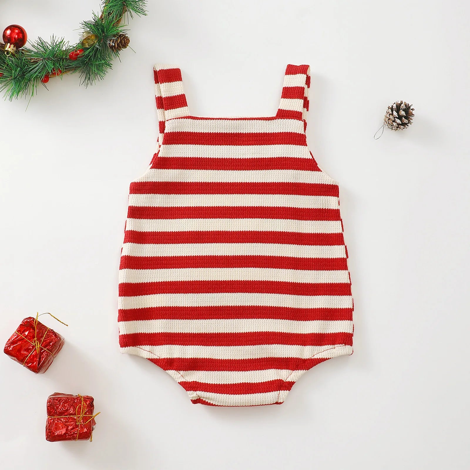 Christmas Embroidered Pattern Baby Romper with Straps Holiday Baby Bodysuit Infant Clothing Festive Baby Outfit