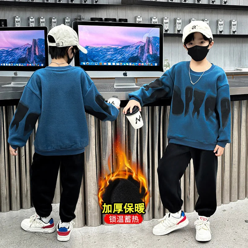 2025 autumn winter Boys Tracksuit velvet sweatshirt t shirt + ankle-tied Pants Suit Clothes children Set 4 5 6 8 10 12 14 Year