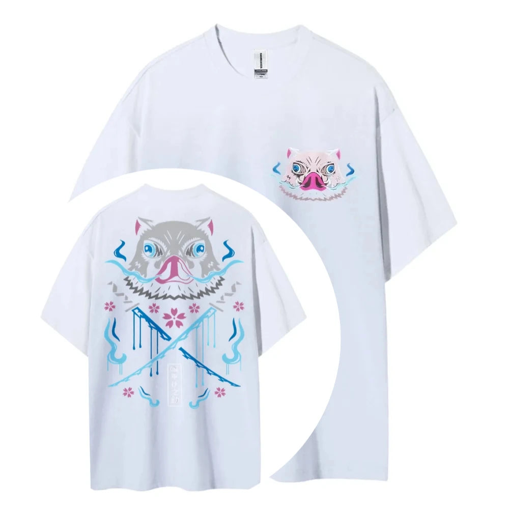 Demon Slayer Hashibira Inosuke Printing Men's and Women's Summer New Fashion Cotton Breathable Unisex Round Neck Anime T-Shirt