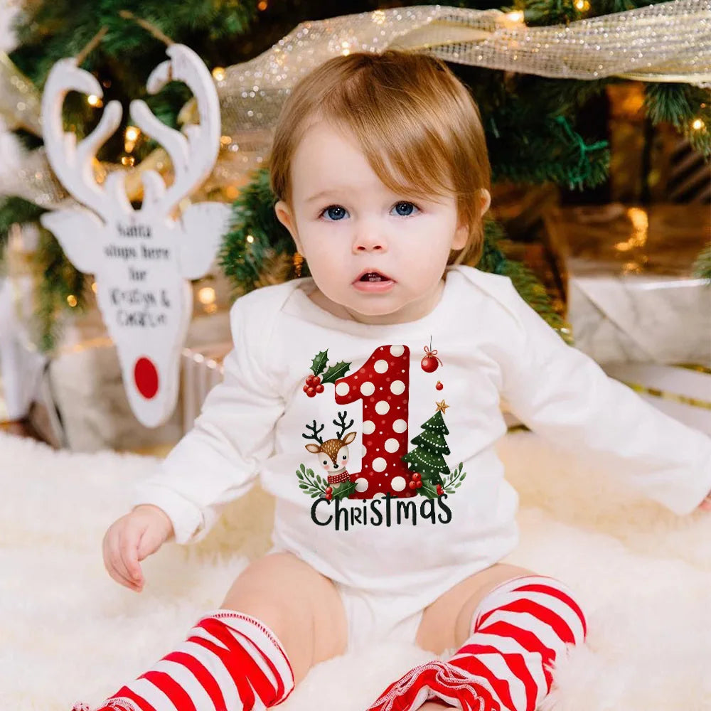 My 1st Christmas Deer Print Baby Romper Newborn Long Sleeve Romper Xmas Toddler Jumpsuit Christmas Party Infant Bodysuit Outfit