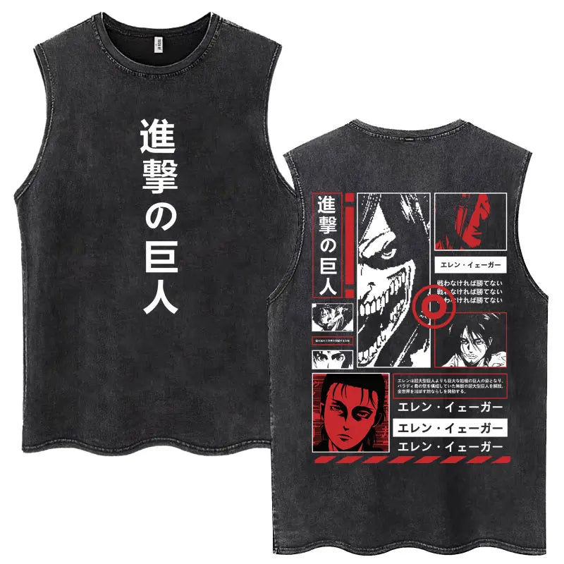 Washed Anime Attack on Titan Vintage Tank Tops Eren Yeager Shingeki No Kyojin Sleeveless T Shirt Men's Cotton Loose Y2k T Shirts