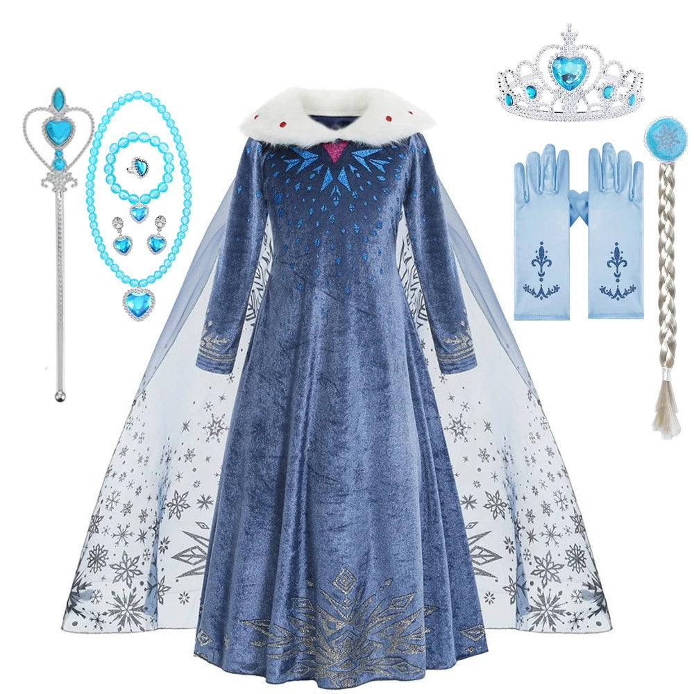 Elsa Costume Girl Blue Dress Long Sleeve Kids Cosplay Princess Dress Up Halloween Birthday Party Outfit