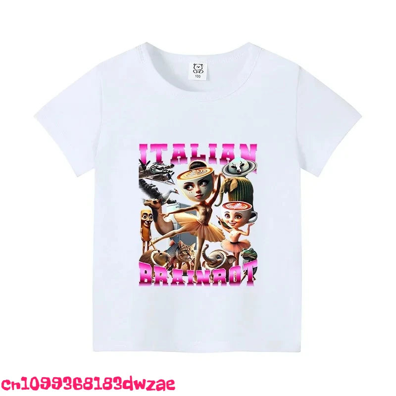 Italian Brainrot Animals Kids Cotton T-shirt Cappuccino Assassino Short Sleeve Tops for Kids Funny Meme Cute Tee Summer Clothing