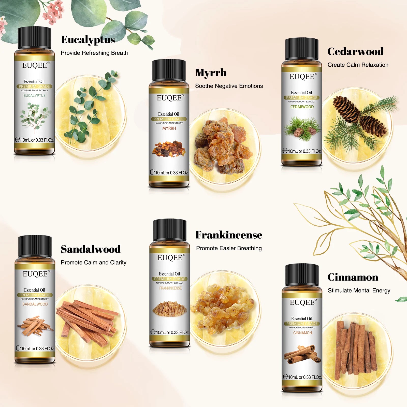 EUQEE 10ml*6pcs Woody Essential Oil Set (Eucalyptus Cedarwood Sandalwood Frankincense Cinnamon Myrrh)-Natural Aromatherapy Oils