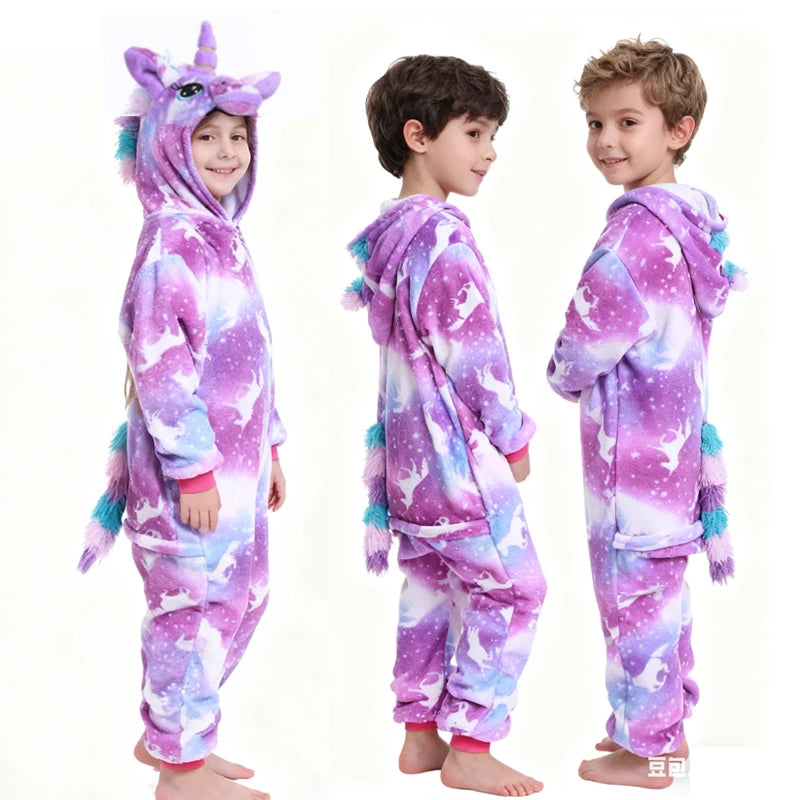 Kids Unicorn Animal Jumpsuits Cartoon Pajamas Cosplay Holiday Costume Cat Panda Flannel Sleepwear for Children Outfits 4-12Yrs