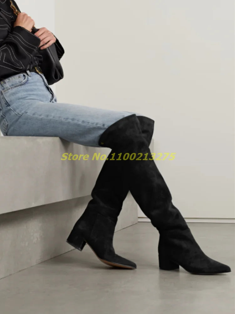 Block Heel Knee High Suede Boots Square High Heel Back Zipper Tan Black Fashion 2025 Winter Women Dress Shoes