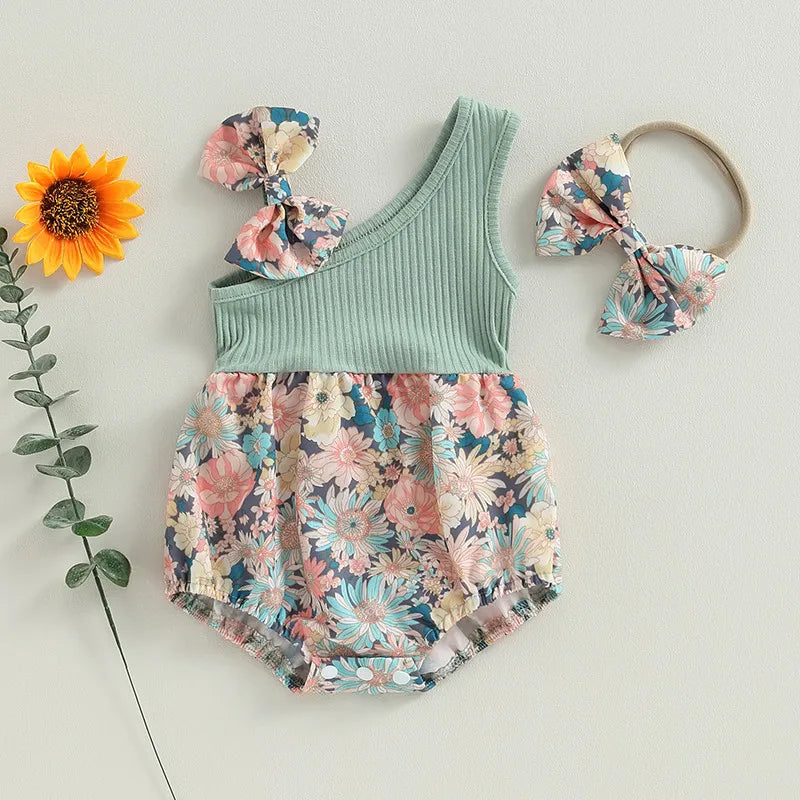 0-18months Baby Girl Summer Bodysuit Floral One Shoulder Romper and Stretch Headband Playsuit for infant girls