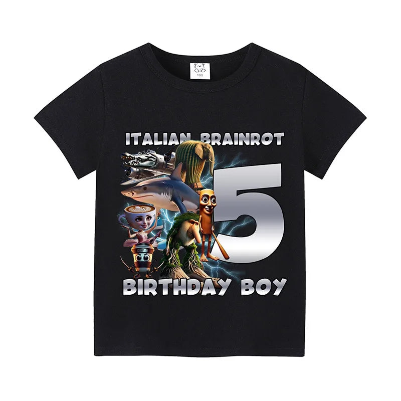 Italian Brainro Kids Birthday Number T-shirts Tung Tung Tung Sahur Summer Clothes Funny Meme Short Sleeves Tops Boys Girls Tees