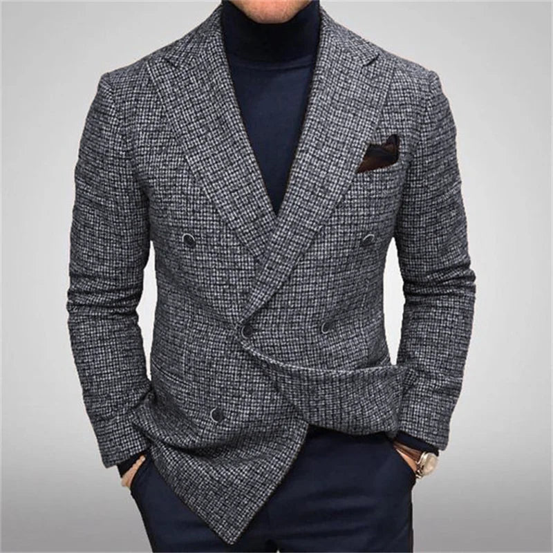 Men's Suit Jackets Double-Breasted Tweed Fabric Chest Bag Retro Gentleman Fashion Business Casual Formal Blazer Autumn Winter
