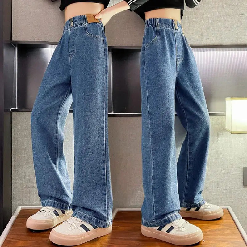 Spring Autumn Teenage Girls Jeans Leisure Fashion Wide Leg Pants Kids Child High Waist Trousers 6 9 8 10 12 14 Years Old