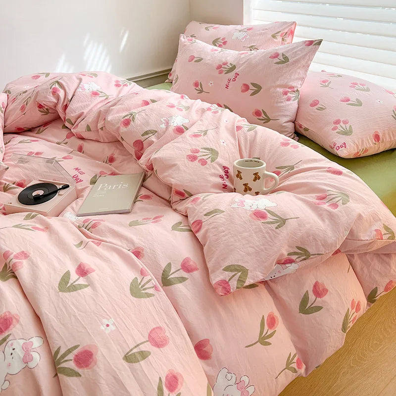 Ins Simple Flower Bed LinenTwin Full Queen King Size Bed Sheets Set  Adults Kids Floral Bed Comforter Sets Bed Duvets Kawaii