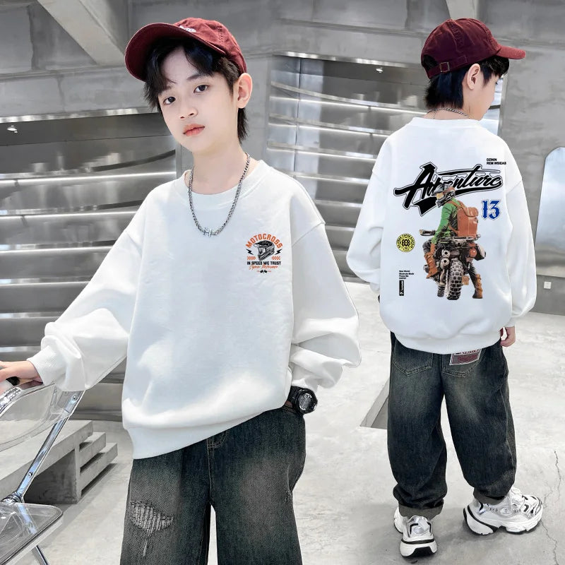 2025 Kids Clothes Boys Streetwear Motorcycle Print Hoodies Sweatshirt Boys Clothing 10 To 14 Years Long Sleeves Children Top