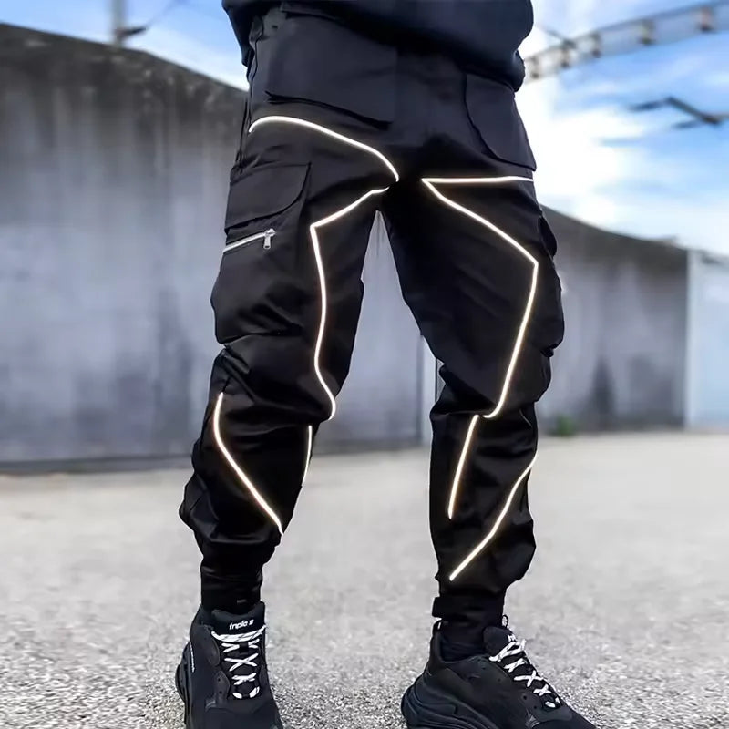 Men's Casual Pants Multi-pocket Cargo Trousers Striped Reflect Sweatpants Breathable Lightweight Jogging Trousers Gym Trackpant