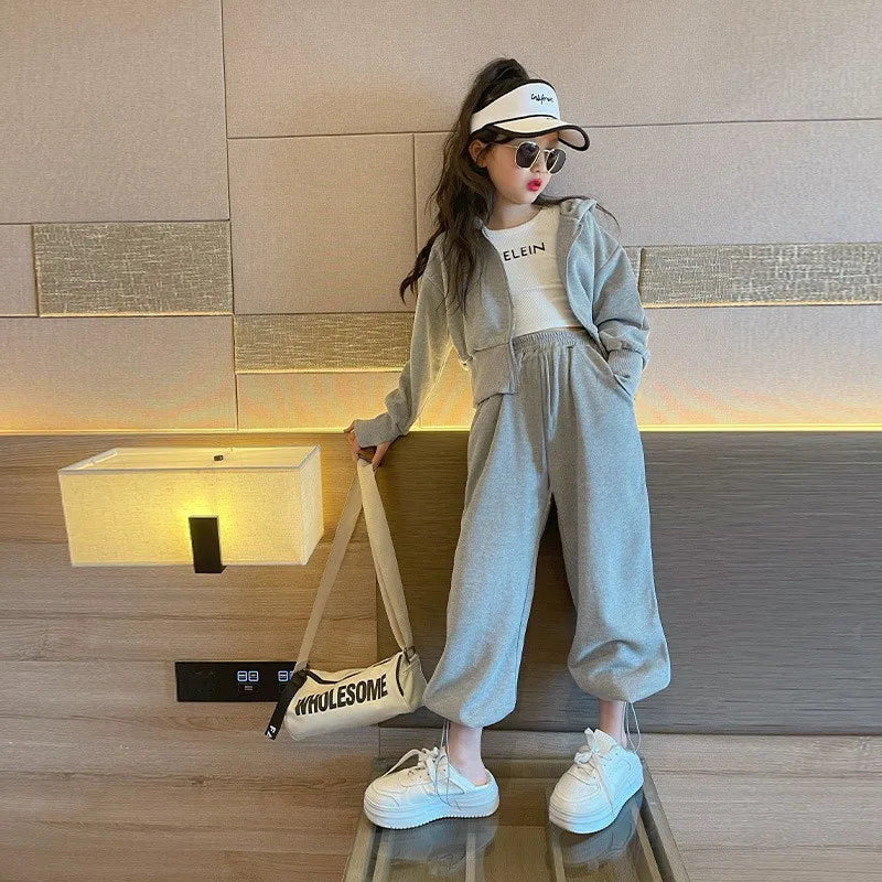 2025 autumn winter Girl grey Teens tracksuit zipper crop top Jacket hooded top and bottom wide leg pant child set 4 8 10 12 year