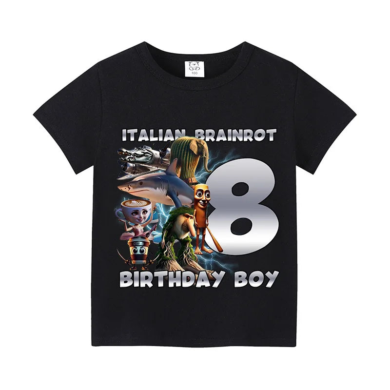 Italian Brainro Kids Birthday Number T-shirts Tung Tung Tung Sahur Summer Clothes Funny Meme Short Sleeves Tops Boys Girls Tees