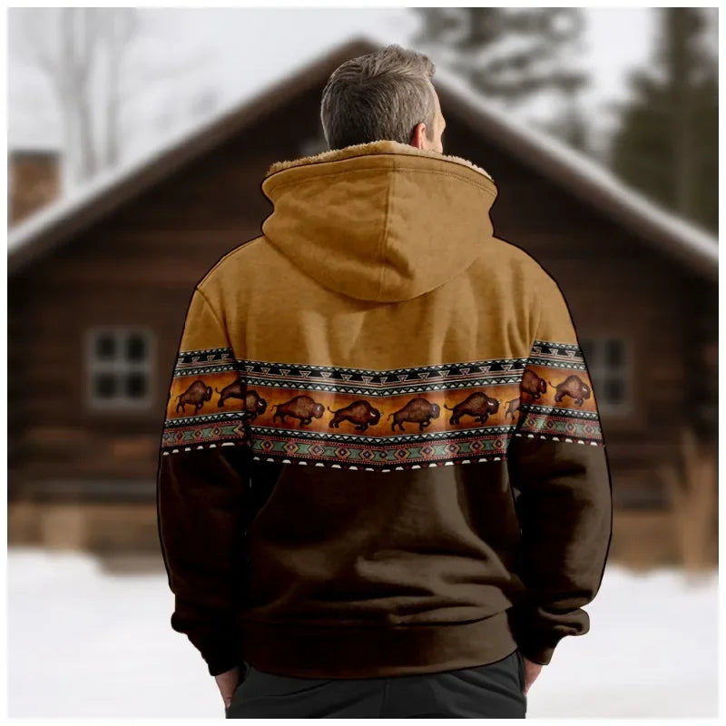 Vintage Winter Hooded Jackets for Men Thick Fleece Motorcycle Hoodies Casual Fit Zipper Jacket Male Versatile Hooded Sweatshirts