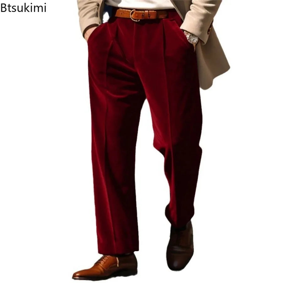2025 Spring Autumn Men's Solid Color Velvet Suit Pants Business Casual Straight Leg Trousers Male Streetwear Fashion Dress Pants