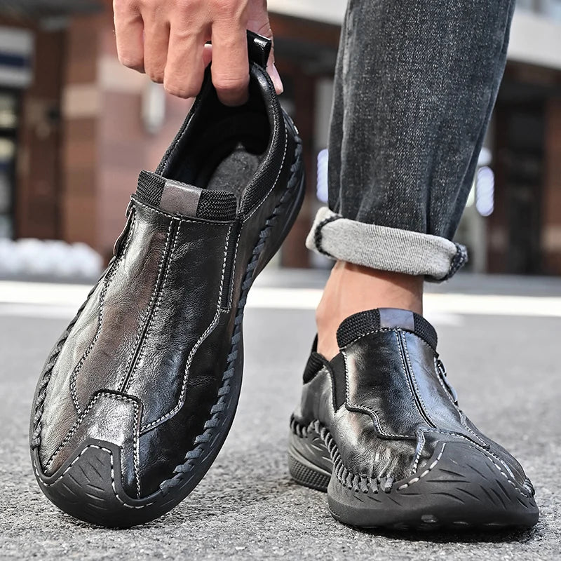 LETCOMFIT Handmade Genuine Leather Men Shoes Casual Comfort Slip on Loafers Men Flats Wear-resistant Walking Shoes All Season
