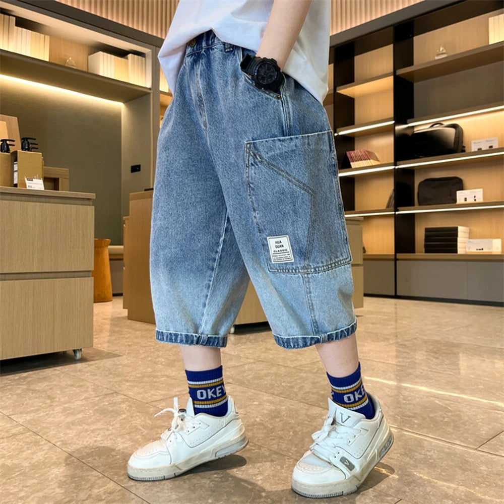 Teen Boys Shorts New Casual Alphabet Cotton Thin Denim Ffabric Children Short Jeans Clothing for Boy 4 6 8 10 12 14 16 Years