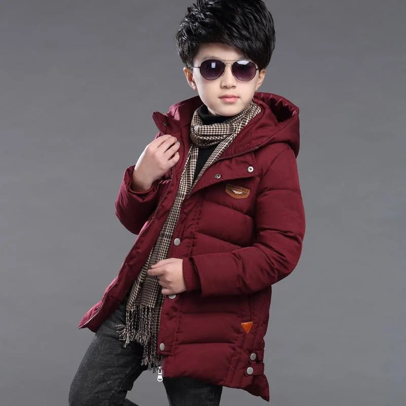 Winter New Teen Boys Jacket Long Style Solid Color Thick Keep Warm Hooded Outwear For 5-14 Years Kids Down Cotton Windbreaker