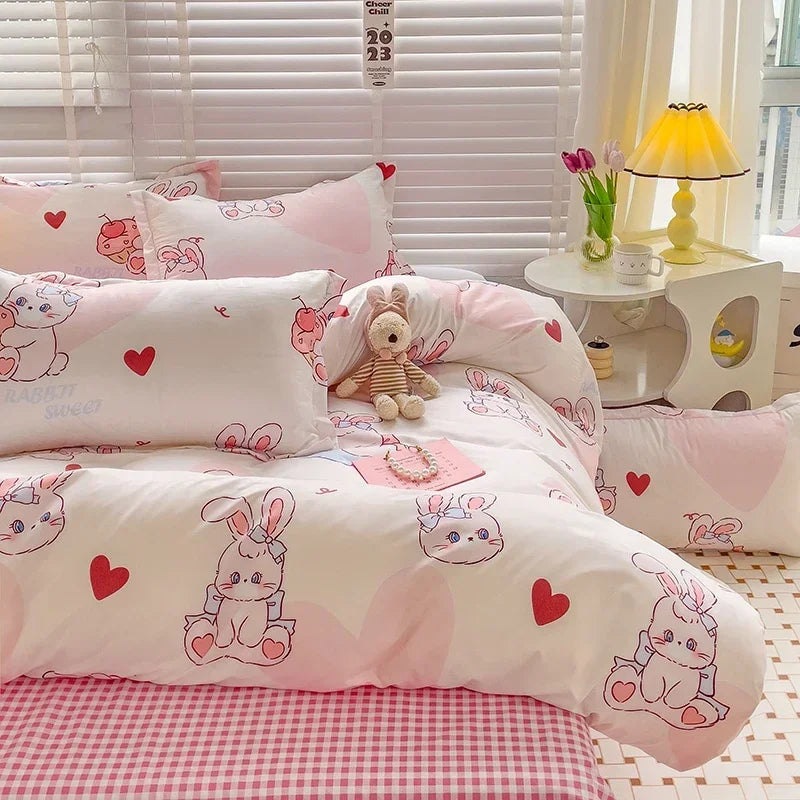 Cartoon Style Bed Sheet Set For Kids Cute Bunny Printed Bedding Set Breathable Durable постельное белье 이불세트 Queen/King Bedding