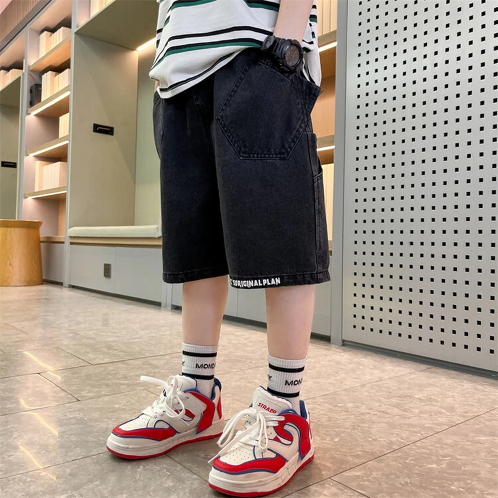 Teen Boys Shorts New Casual Alphabet Cotton Thin Denim Ffabric Children Short Jeans Clothing for Boy 4 6 8 10 12 14 16 Years
