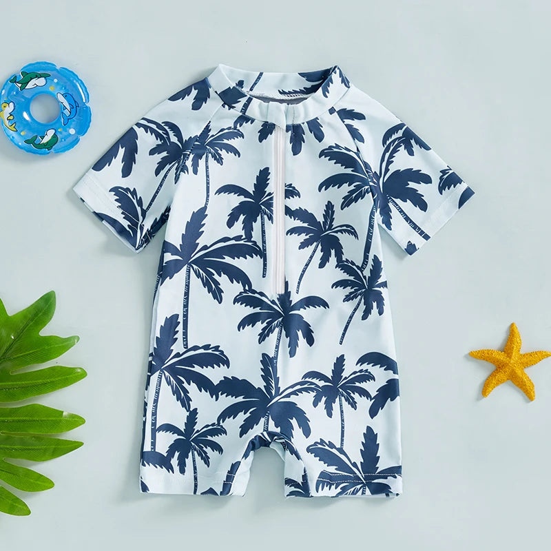Summer Toddler Infant Baby Boys Girl Rash Guard Swimsuit Coconut Tree Print Short Sleeve Mock Neck Zip Bathing Suit