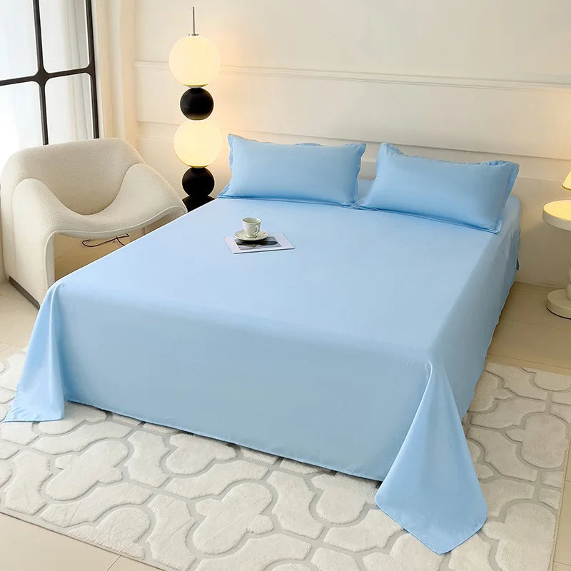 1 PC Sky Blue Bed Sheet Single / Queen / King Flat Sheet for Adults Skin-Friendly Solid Color Washed Bed Sheets Постельное Белье