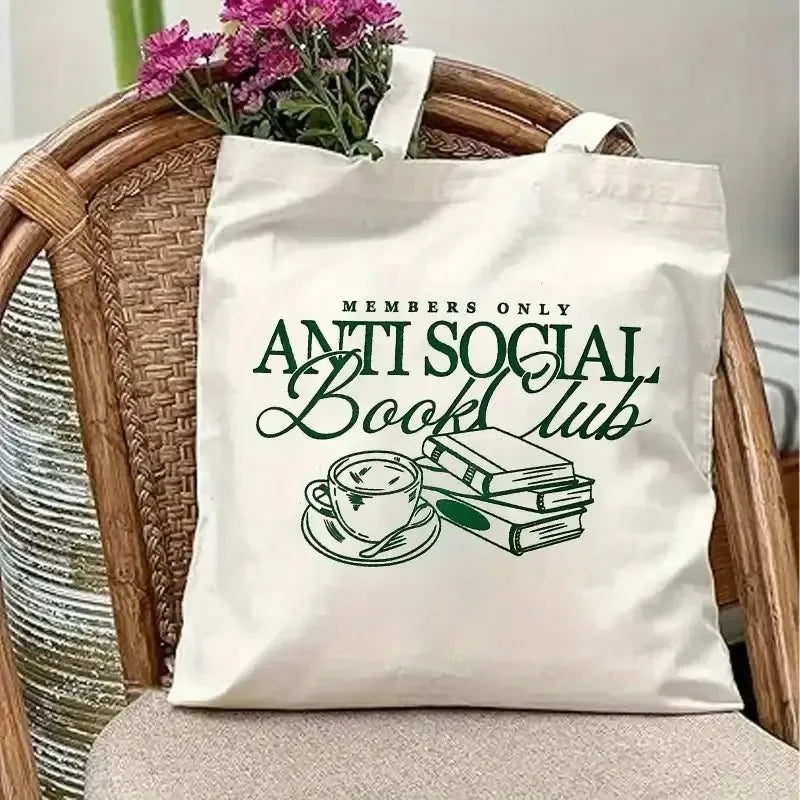 Anti-Social Book Club Tote Bag for Women Canvas Square Tote with Book Lover Spacious for Travel Work School Shopping & Parties
