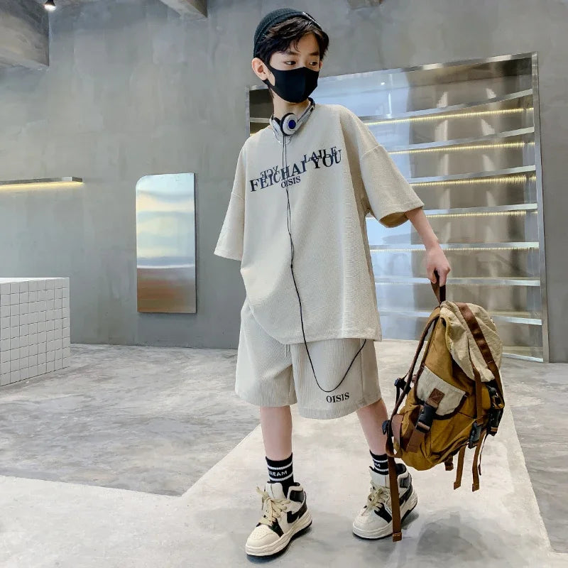 Kids Boutique Clothes Boys Summer Letter Pullover T-Shirt & Shorts 2 Pieces Suit Teenage Boy Sport Outfit Gym Tracksuit 6-16y