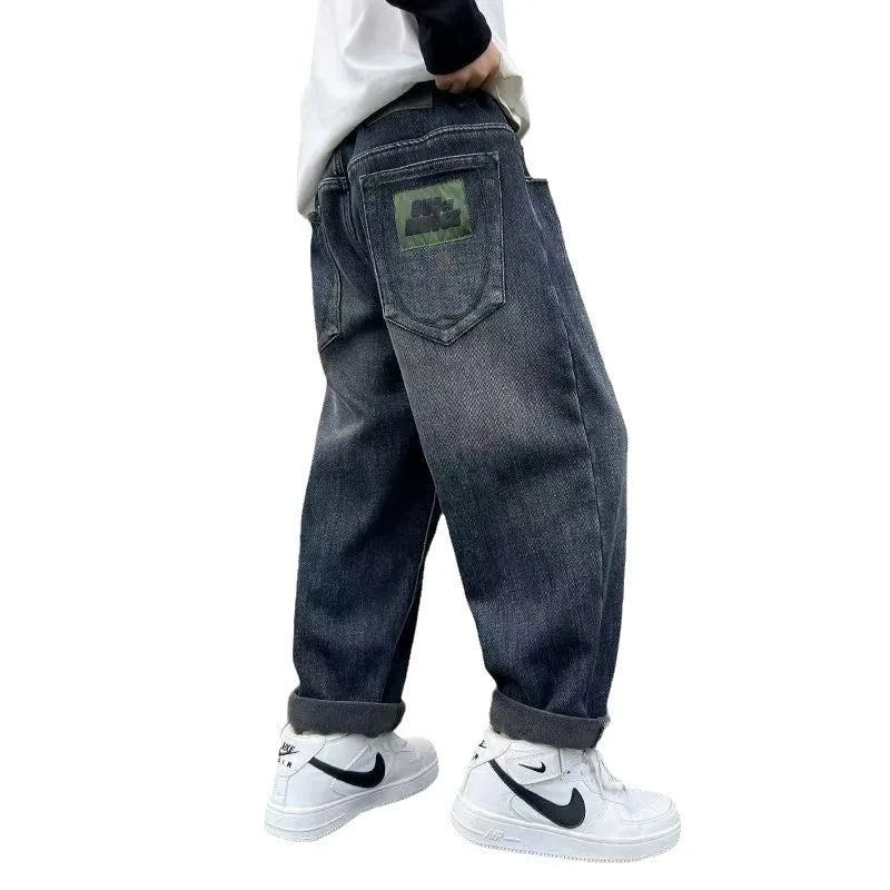 2-8Y Boys Jeans New Autumn Toddler Kid Casual Fashion Demin Pants Ins Cartoon Print Pocket Mid Waist Children Boys Trouser