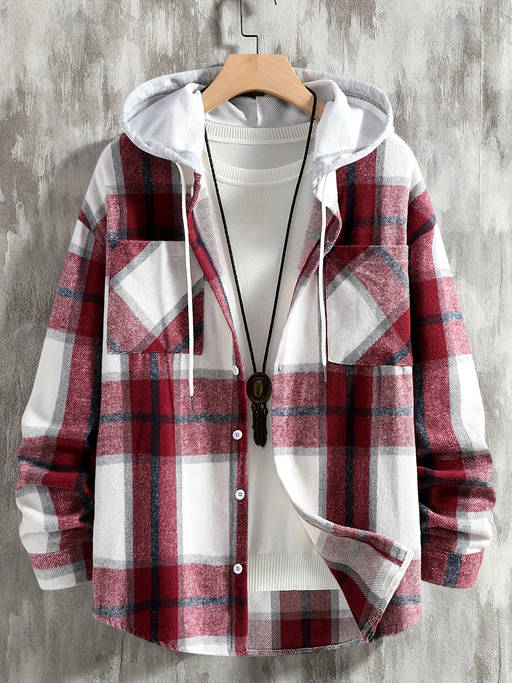 Men's Hooded Plaid Long Sleeve Shirt Jacket Casual Fashion Outerwear for Fall & Winter