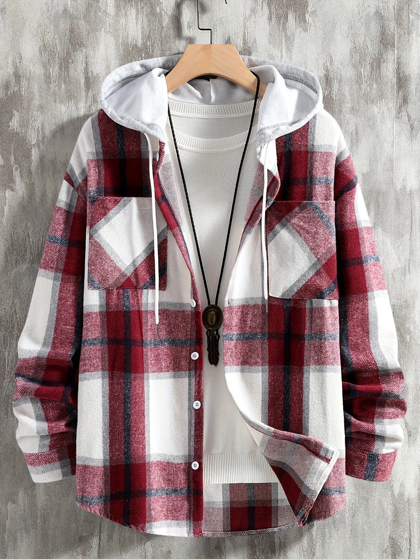 Men's Hooded Plaid Long Sleeve Shirt Jacket Casual Fashion Outerwear for Fall & Winter