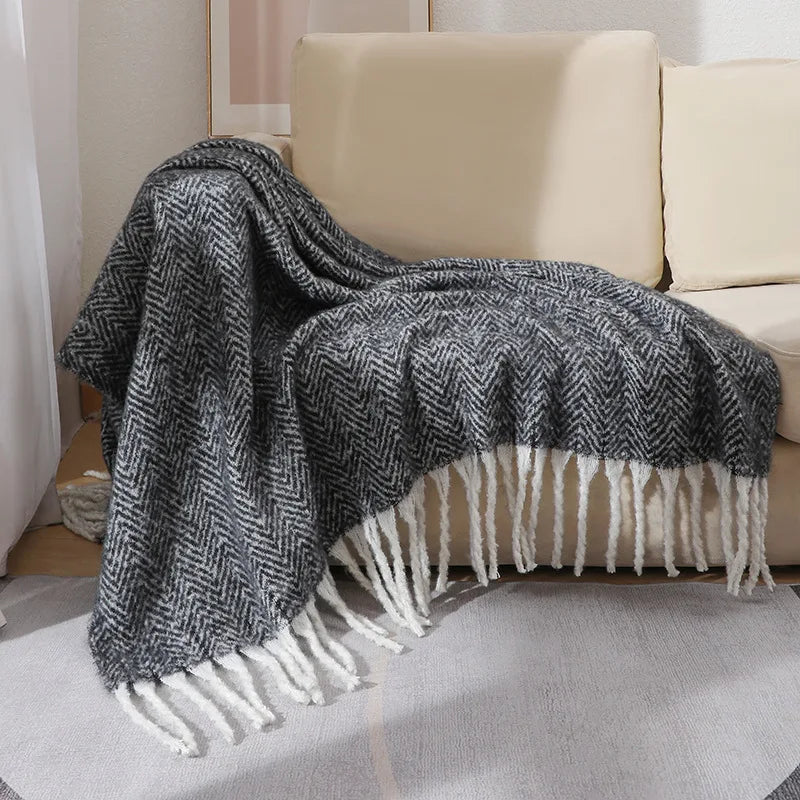 European and American Style Solid Sofa Blanket Napping Air Conditioning Blanket Towel with Tassels Super Soft Cozy Shawl Cushion