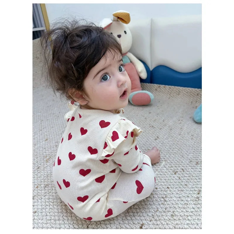 New Spring Autumn Baby Girl Heart Print Romper with Ruffle Long Sleeves Love Heart Zipper Cute One-Piece Newborn Jumpsuit A5127