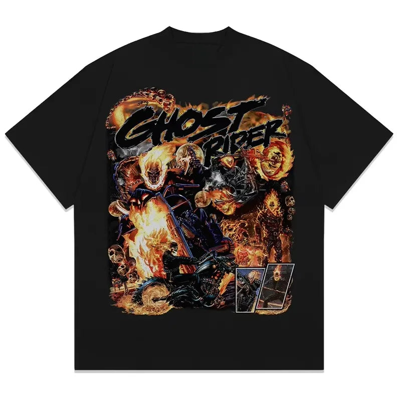 Ghost Rider Hand-painted Comic Print T-shirt Marvel Summer New Men's and Women's Plus Size Trend Loose Casual Short-sleeved Top