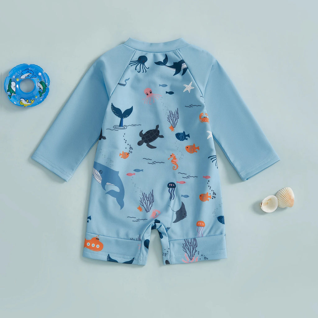 Toddler Baby Boy Rash Guard Summer Infant Swimsuit Long Sleeve Ocean Animal Print Swimwear Children Zip Up Bathing Suit Swimwear