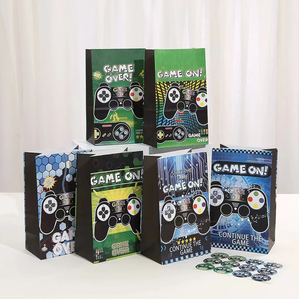 12/36pcs Cartoon Game On Theme Candy Box Gift Bags Kids Birthday Game Machine Party Kraft Paper Popcorn Bag Party Supplies