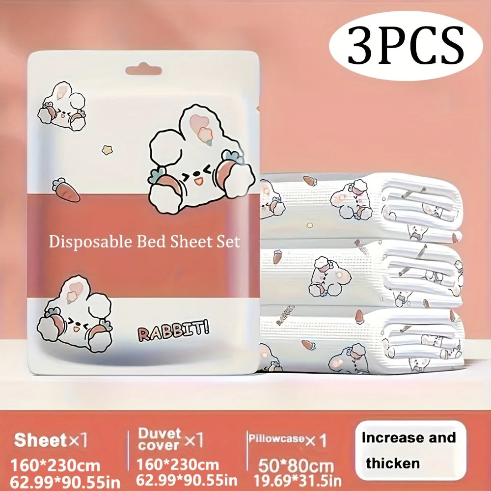 3PCS Disposable Bed Sheet Set Non-Woven Travel Bedding  Hypoallergenic Pillowcase & Fitted Sheet for Hotel, Camping