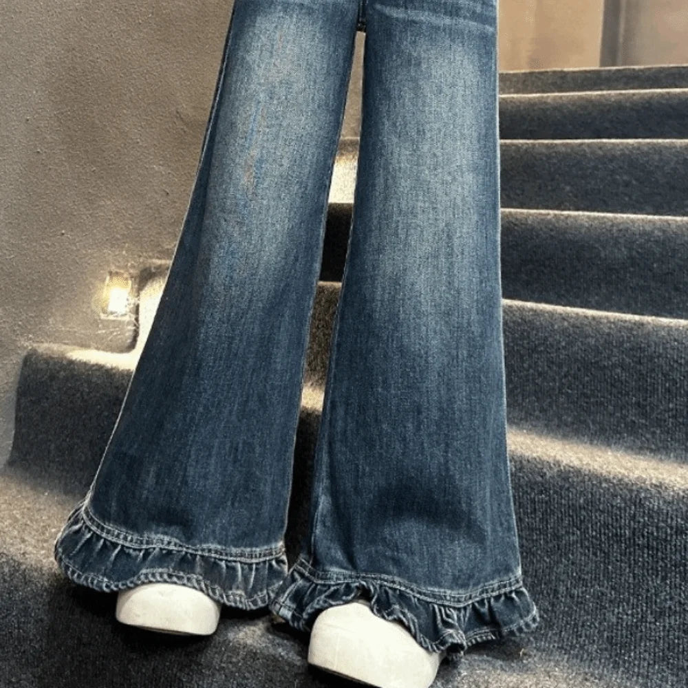 Wide Leg Pants Teen Girl Jeans Straight Long Loose Children Ruffled Jeans High Waist Streetwear Girls Denim Trousers Girls Gift
